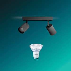 Schwarzer Philips LED-Spot Wyatt mit 2 schwenkbaren Aluminium-Köpfen für Wand- & Deckenmontage, GU10-Leuchtmittel.