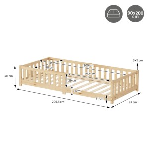 ML-Design Kinderbett 90x200 cm aus hellem Kiefernholz mit Lattenrost, Rausfallschutz & Maßen.