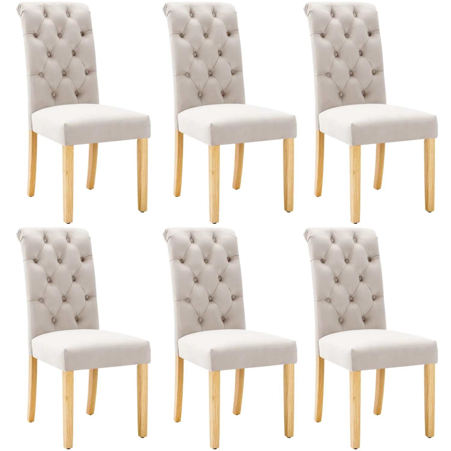 Merax Samt Esszimmerstühle 6er Set mit Eichenbeinen Knopf Chromklopfer Beige