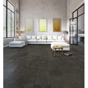 Verlegter Classen Designboden HydroClick Fliese WR Volcano im Wohnzimmer.