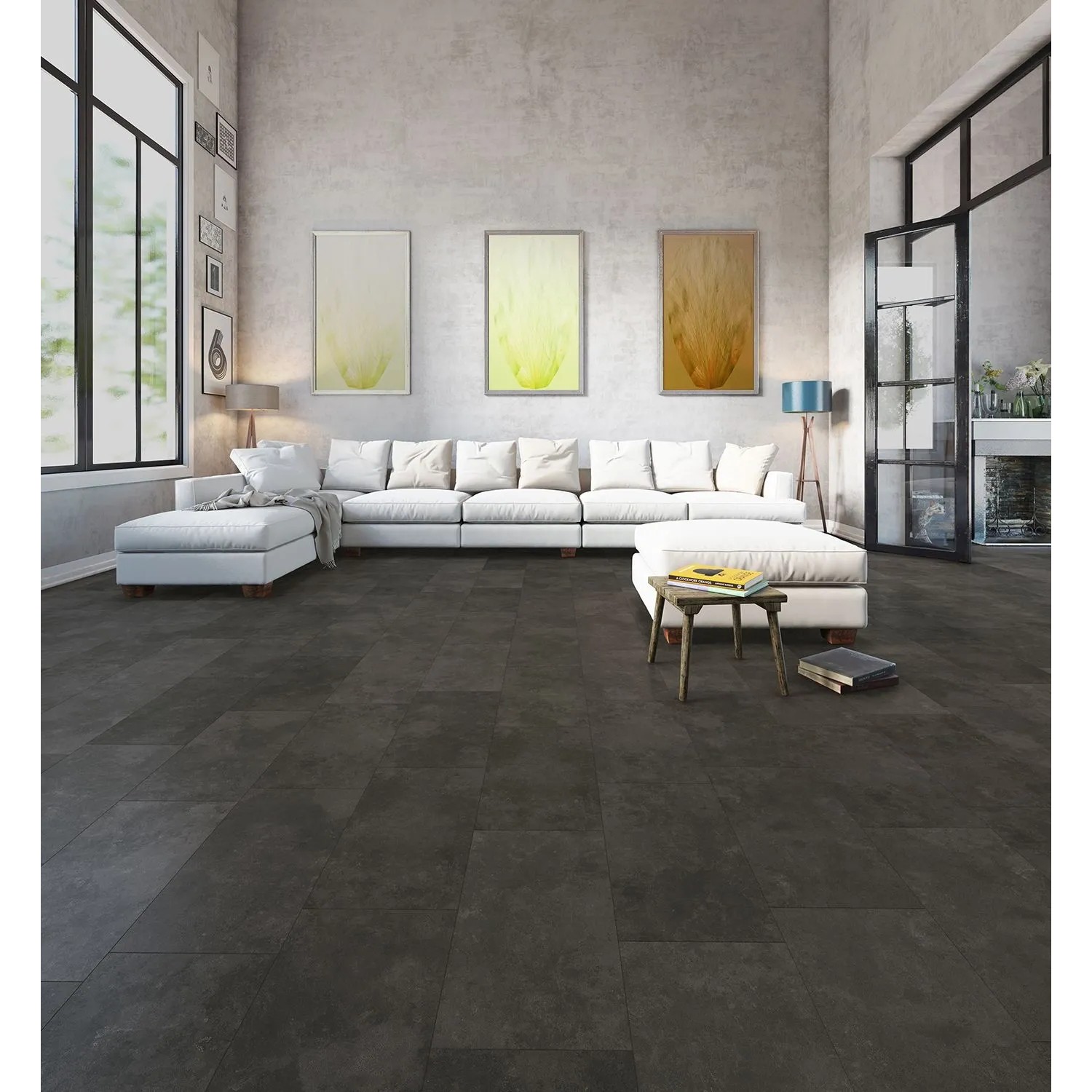 Verlegter Classen Designboden HydroClick Fliese WR Volcano im Wohnzimmer.