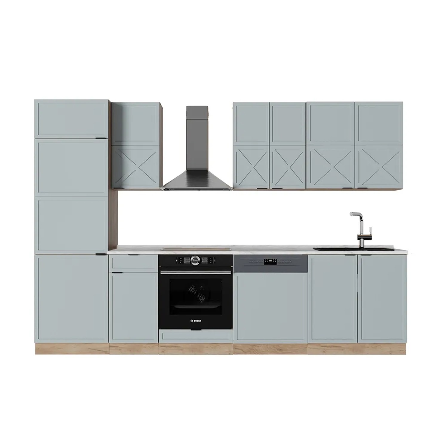 Vicco Fame-Line Küchenzeile Hellblau-grau/Goldkraft Eiche 300 cm AP Marmor ohne E-Geräte