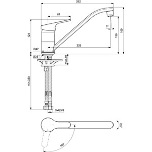 Technische Zeichnung: Ideal Standard Cerafit Küchenarmatur Niederdruck, Chrom, Maße und Details.