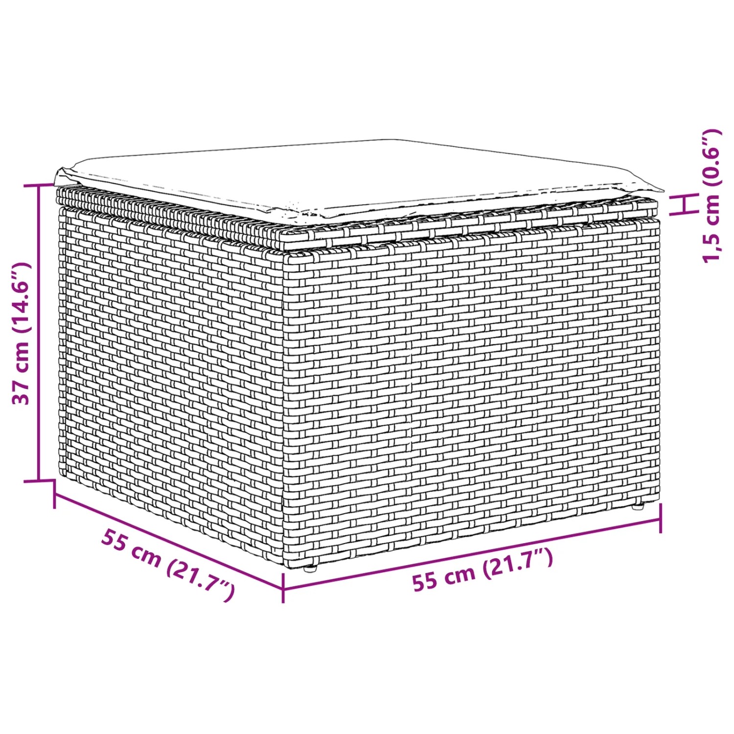Detailaufnahme: Schwarzer Poly Rattan Hocker mit Maßen, Teil des vidaXL Garten-Sofa-Sets.