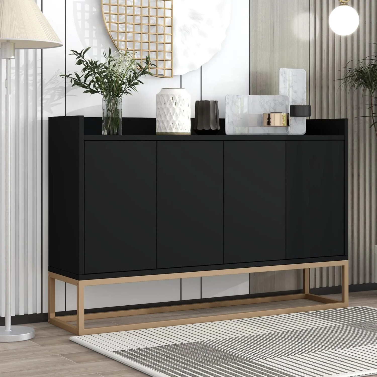 Schwarzer PXloue Buffetschrank/Sideboard mit 4 Türen und goldenem Gestell für Wohn- und Esszimmer.