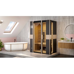 Weka Infrarotkabine Mila 2 Sparset in Anthrazit mit Zubehör im modernen Badezimmer.