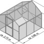 Abbildung des KGT Gewächshaus Novum III (8,4 m²) in Tannengrün mit Maßangaben.