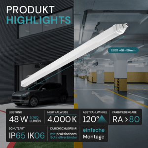 LUXULA LED Feuchtraumleuchte, 150cm, 48W, neutralweißes Licht, IP65, IK06, zur Montage in Garage/Werkstatt.