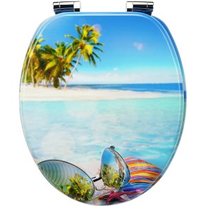 Sanfino WC-Sitz Hawaii mit Strandmotiv, Toilettendeckel mit Absenkautomatik aus Holz.