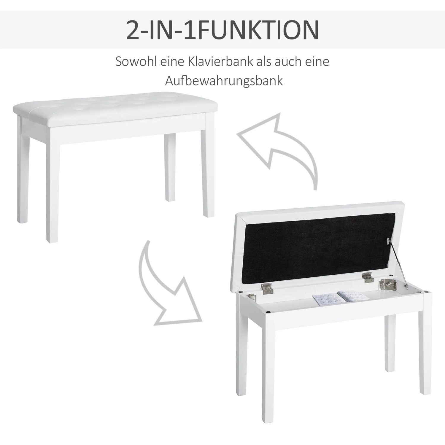 Weißer Klavierhocker aus Gummiholz mit Kunstlederbezug. Sitzfläche aufklappbar für Stauraum.