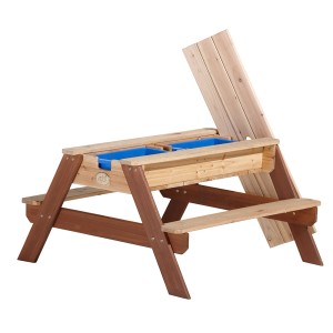 Sand- und Wasserspieltisch Nick Braun mit zwei blauen Wannen und hochklappbarer Tischplatte.