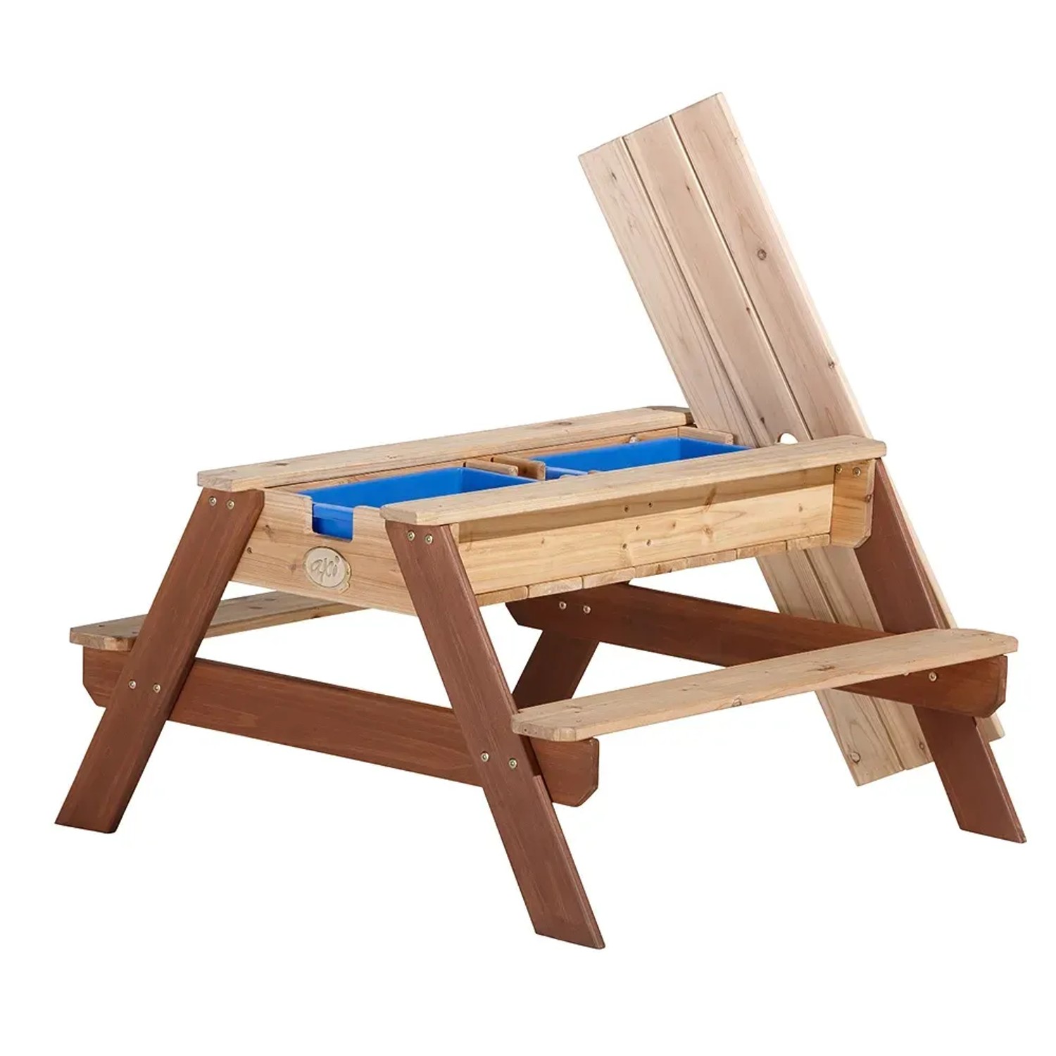 Sand- und Wasserspieltisch Nick Braun mit zwei blauen Wannen und hochklappbarer Tischplatte.
