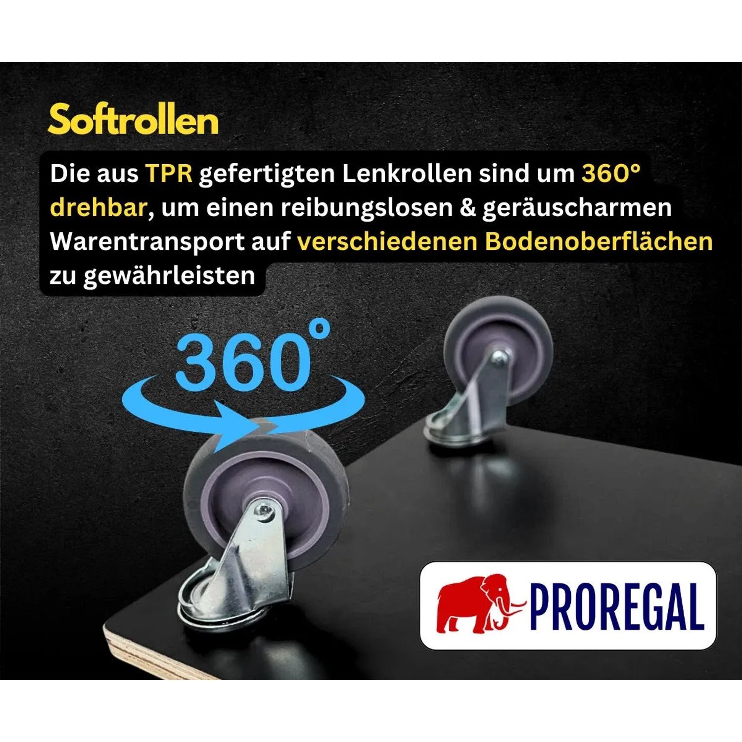 Detailaufnahme: 360° drehbare Lenkrollen aus Gummi für PROREGAL Transportroller. Leiser Transport.