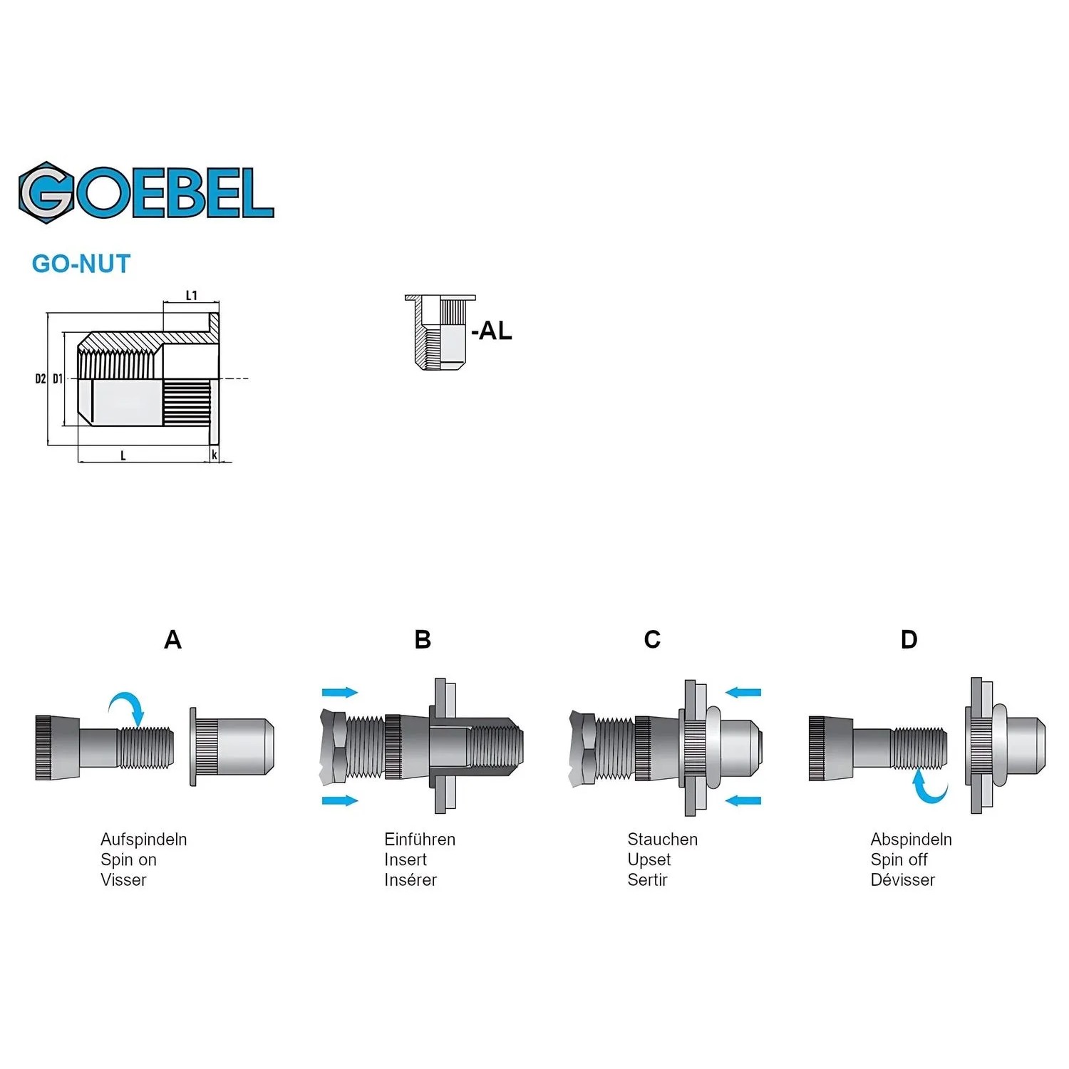 Abbildung von Goebel GO-NUT Blindnietmuttern M6 aus Aluminium, mit Schema zur Montage.