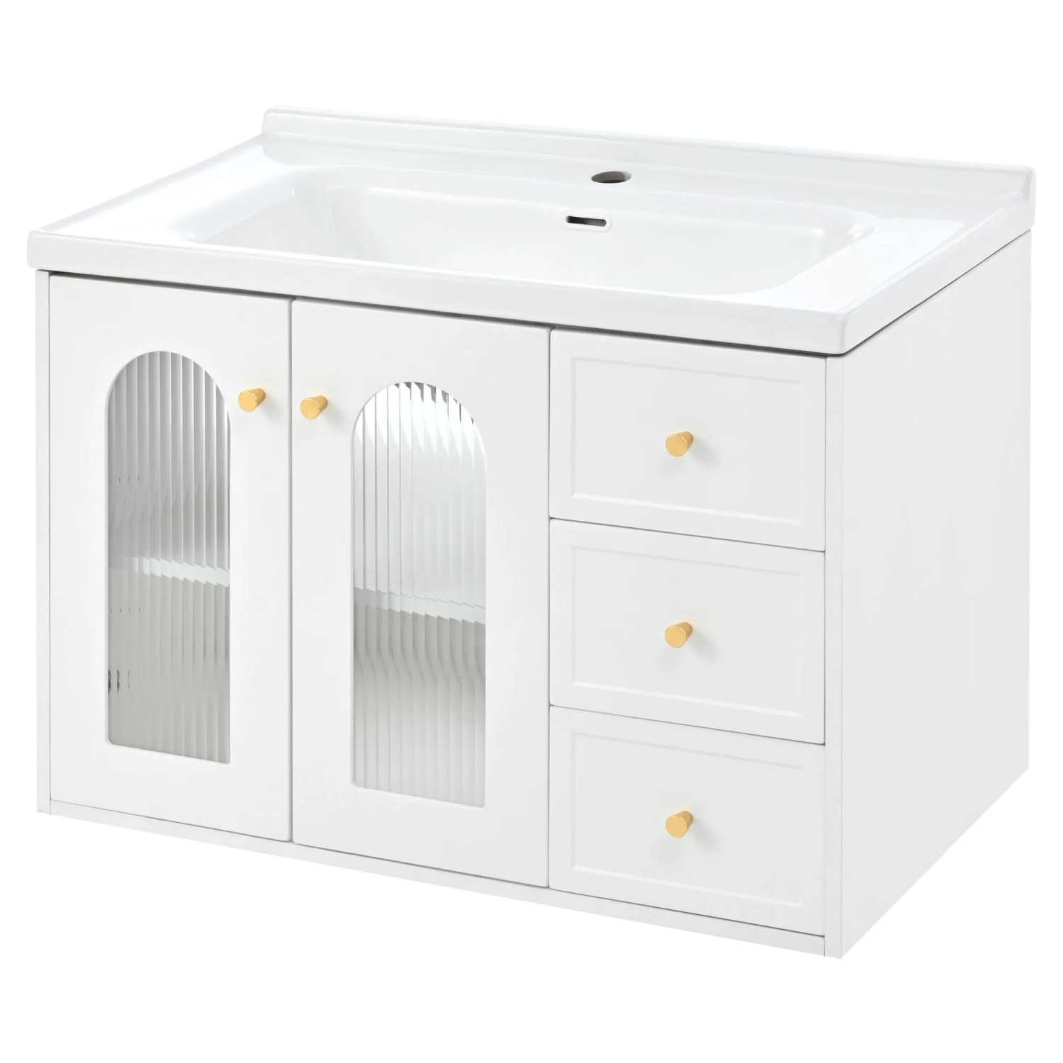 PXloue 80 cm Schwebender Badschrank mit Keramikwaschbecken 2 Schubladen  Weiß Gold