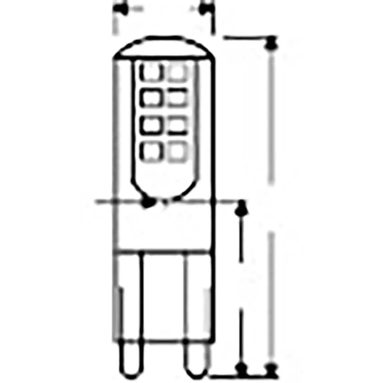 Technische Zeichnung Osram LED Leuchtmittel G9, 2.6W, Warmweiß, Abmessungen 4.7 x 1.5 cm.