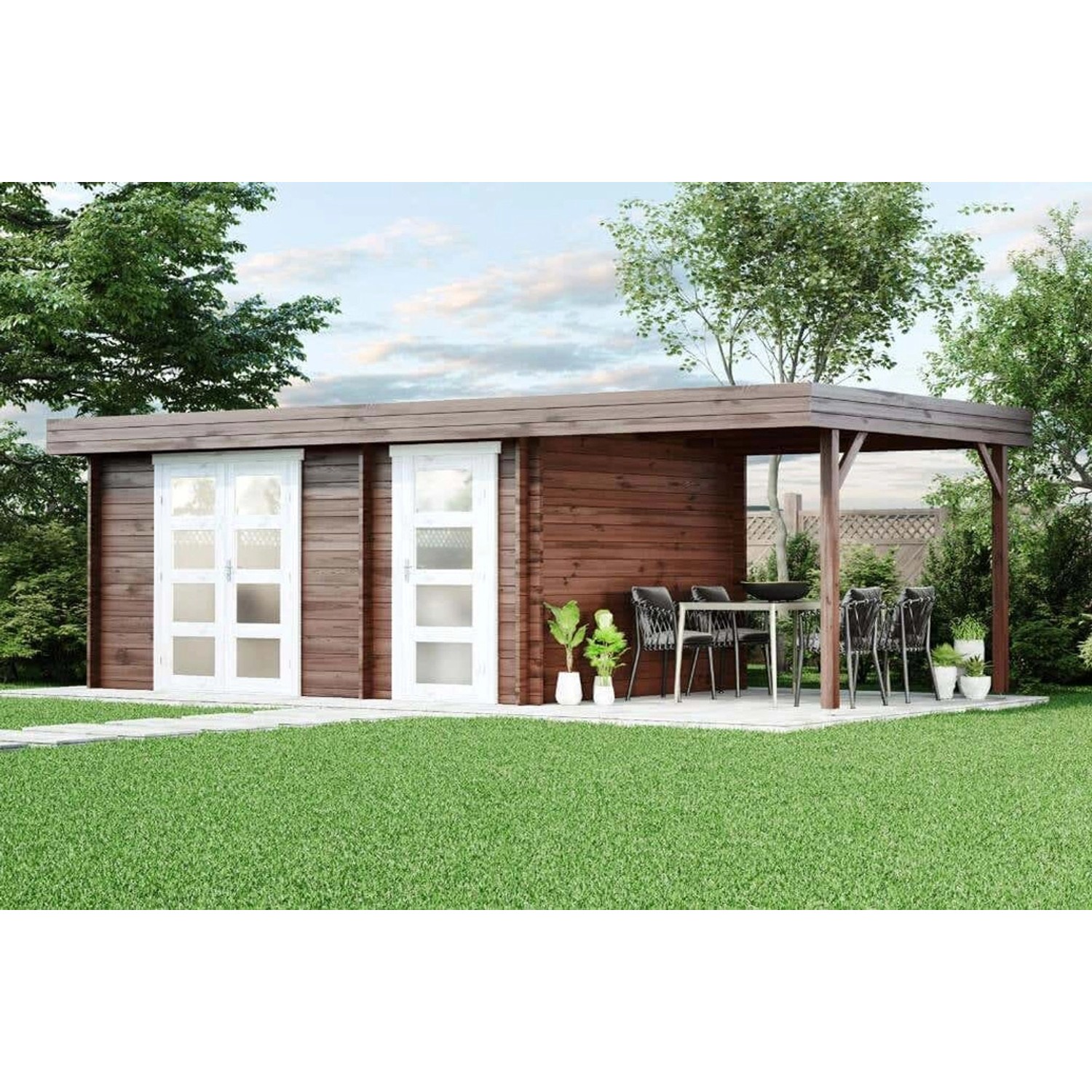 Alpholz Gartenhaus Modern-E Flachdach 733 cm x 358 cm Braun günstig online kaufen