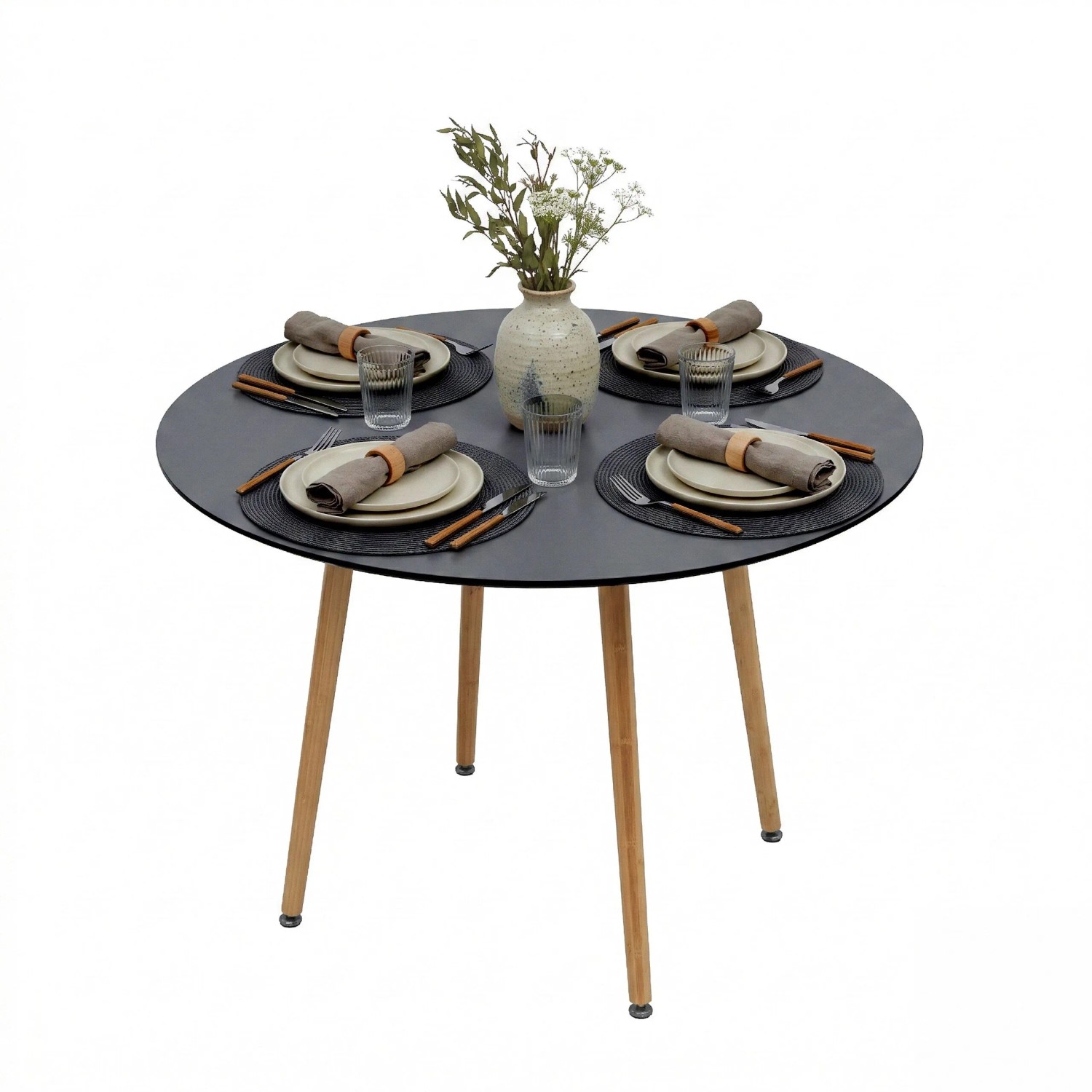 Relaxdays Esstisch Rund Bambus MDF Stahl Schwarz Verstellbare Füße 75 cm x 90 cm