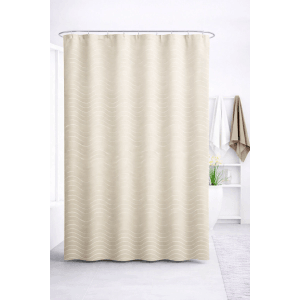 Beiger Euroshowers Duschvorhang mit Wellenmuster, Metallösen und Duschvorhangringen.
