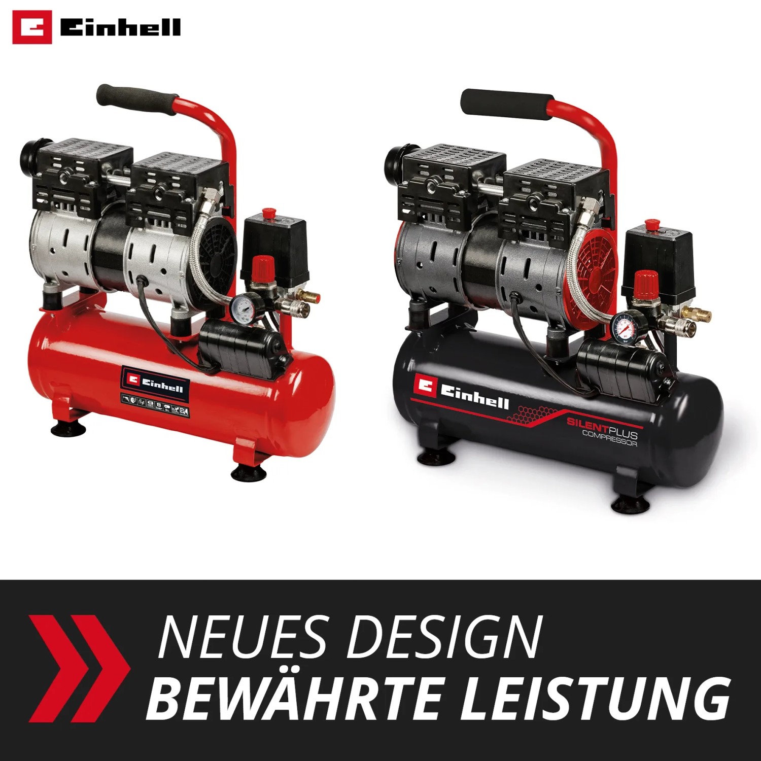 Einhell Kompressor TE-AC 6 Silent in Rot und Schwarz. Leiser, ölfreier Flüsterkompressor.