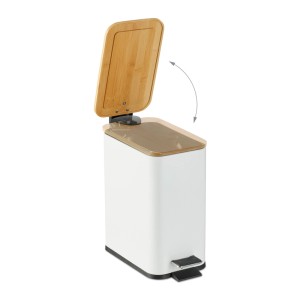 Weißer Treteimer mit Bambusdeckel, 5 Liter, für Bad und WC.