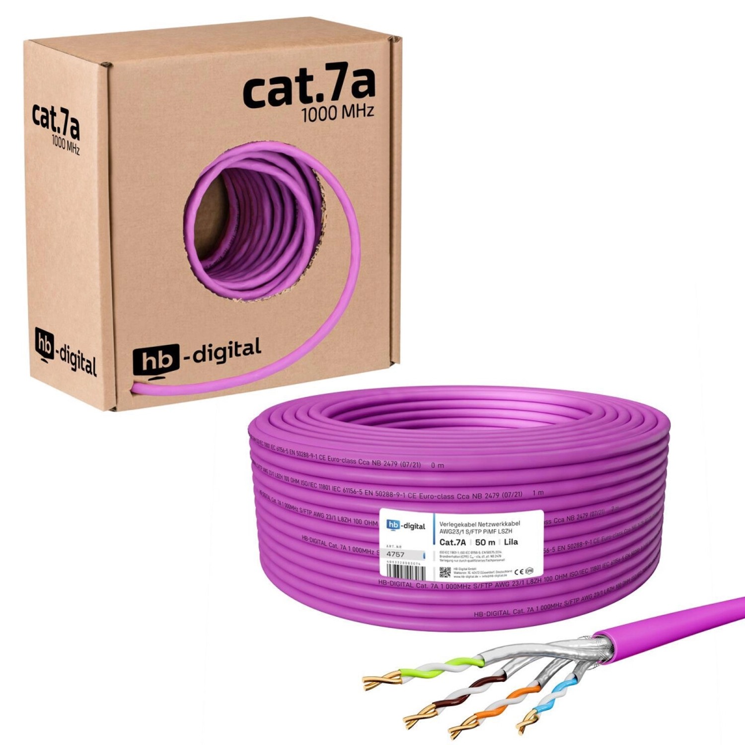 hb-digital Netzwerkkabel CAT 7a Verlegekabel max. 1200 MHz S/FTP AWG23 LSZH 50m lila