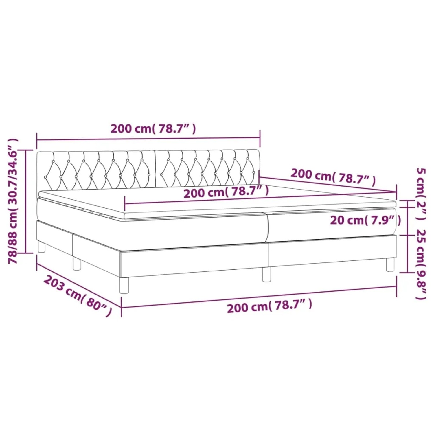 Cremefarbenes Boxspringbett 200x200 cm mit Matratze und Kopfteil. Bett aus Stoff mit Matratzenauflage.