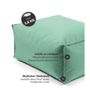 Grüner mokebo Outdoor Pouf Hocker mit EPS-Füllung, eckig und wasserabweisend.