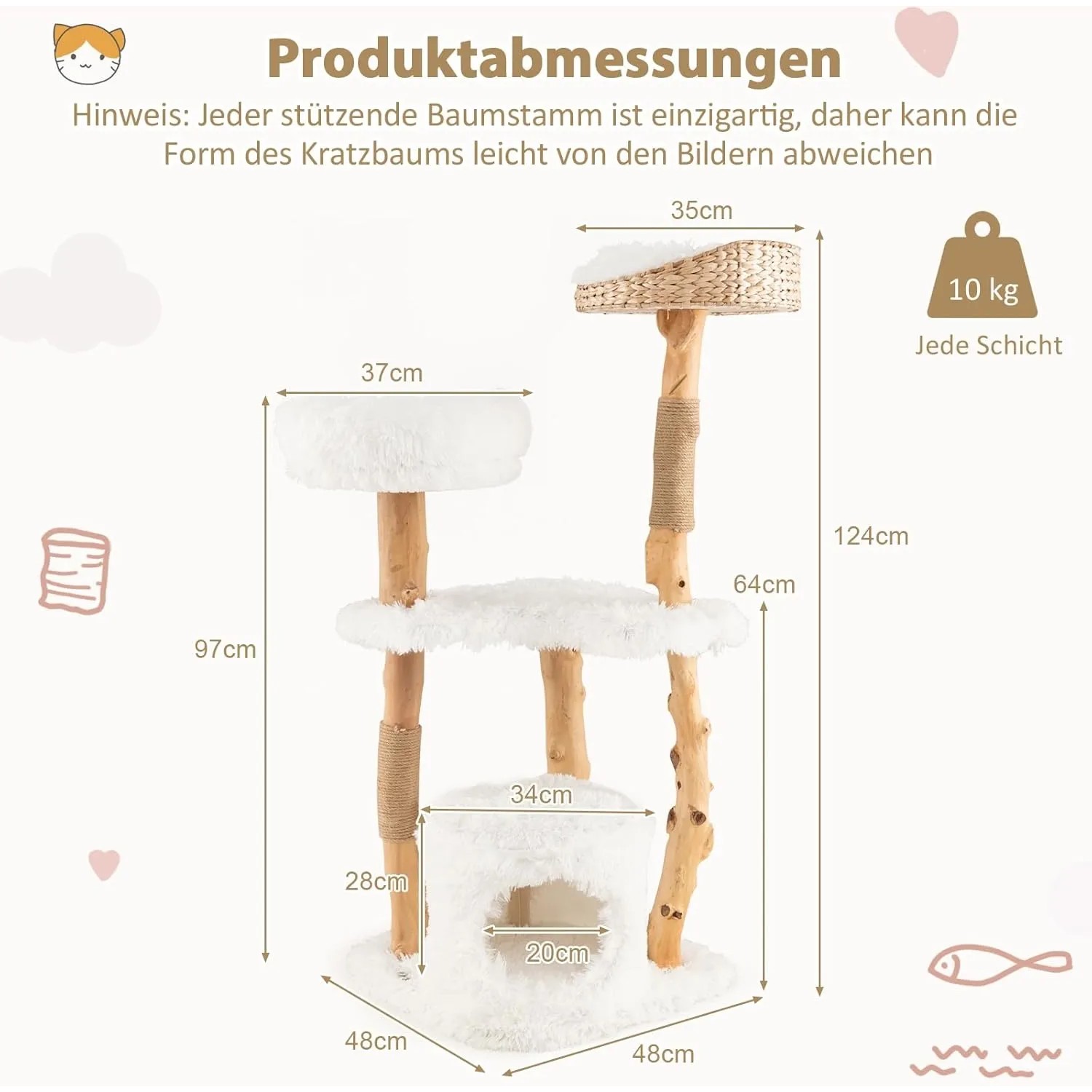 Costway Kratzbaum Holz Katzenbaum mit Katzenhöhle 124cm Weiß_6