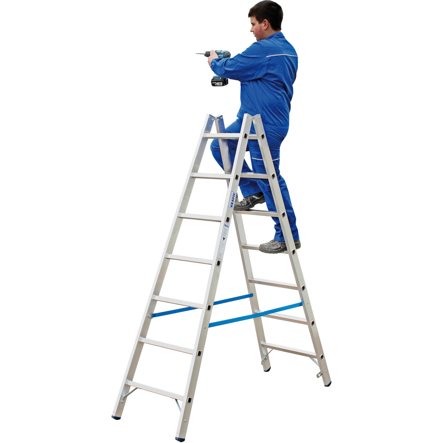 Stabilo Sprossen-Doppelleiter 2x7: Mann mit Bohrmaschine auf Aluleiter, beidseitig begehbar.