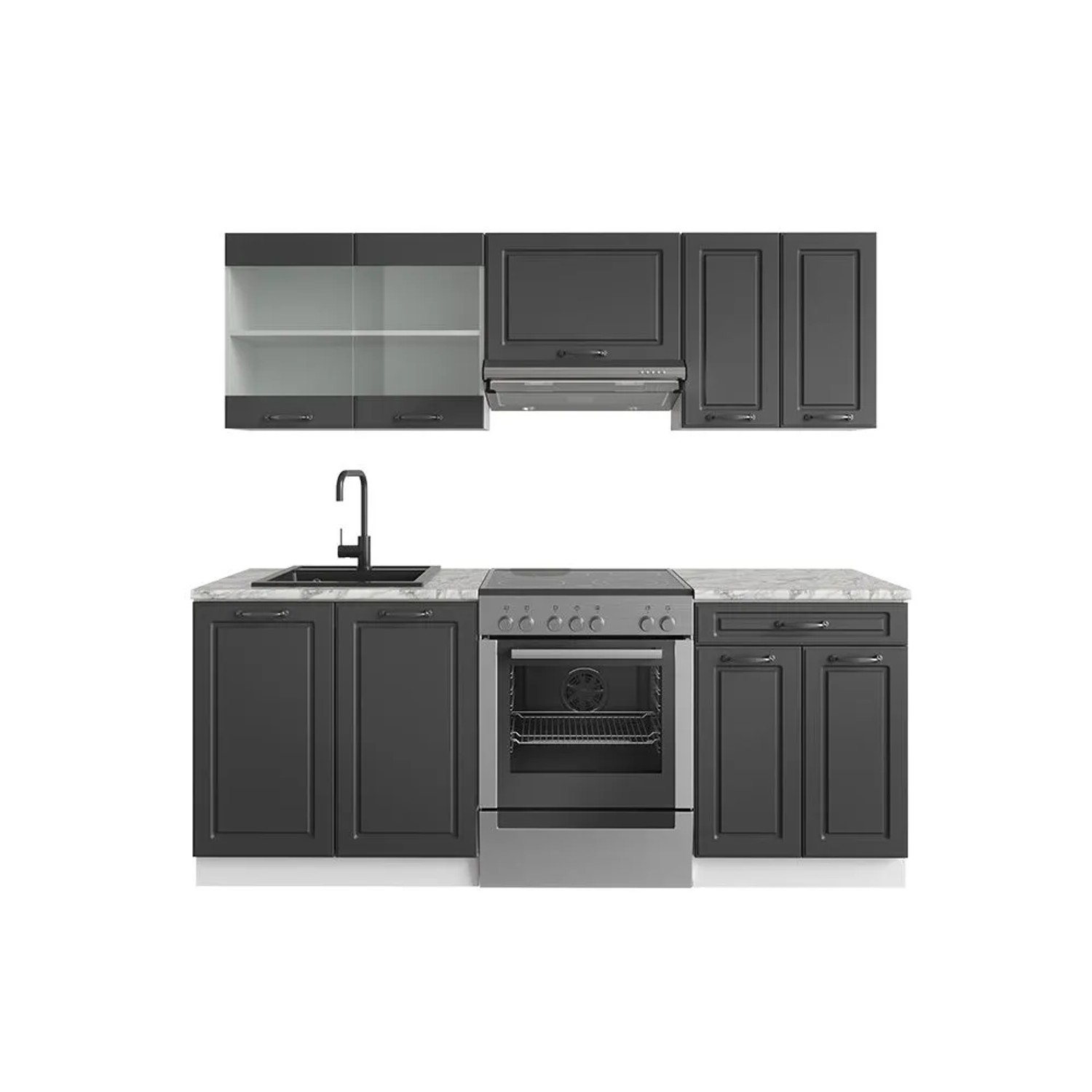 Vicco R-Line Küchenzeile Anthrazit Landhaus Weiß 200 cm AP Marmor ohne E-Geräte