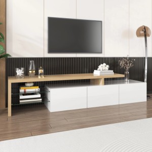 okwish TV Schrank mit Stauraum Glasböden LED Holzoptik 197.5x39x42cm Weiß