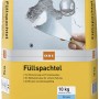 Sack OBI Füllspachtel, 10 kg, weiß. Spachtel auf Wand mit Riss.