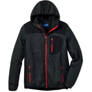 Scheibler Workwear Strickjacke Professional in Anthrazit-Meliert-Schwarz mit Kapuze und roten Reißverschlüssen.