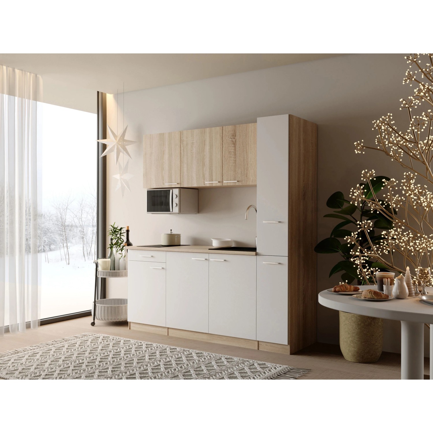 Respekta Ingrid Singleküche 180 cm Weiß inkl. Mikrowelle mit Apothekenschrank