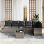 Graues 7-teiliges vidaXL Garten-Sofa-Set aus Poly Rattan mit Tisch und Kissen.