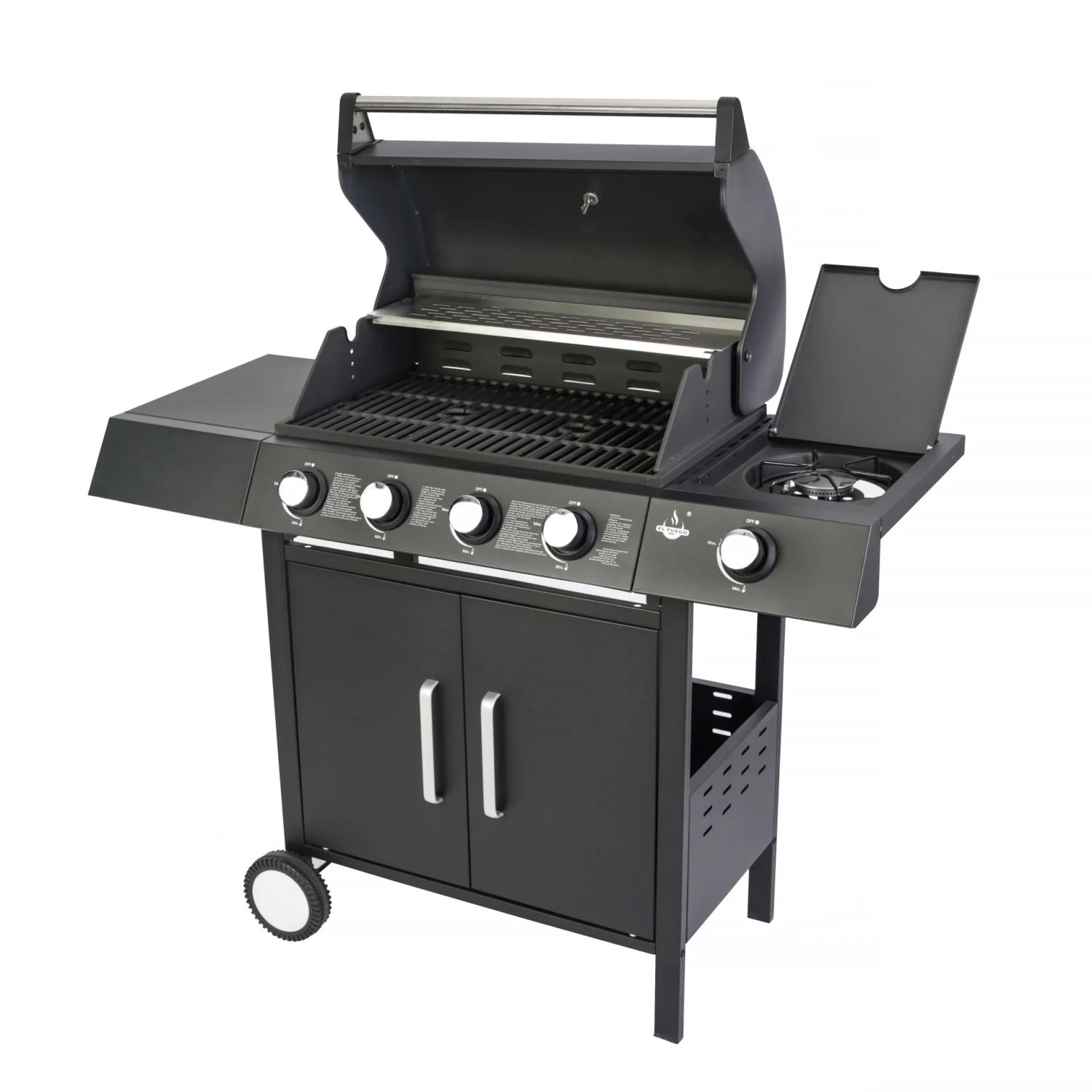 Schwarzer El Fuego Gasgrill San Angelo mit 4+1 Brennern, Unterschrank und Seitenablage.