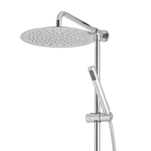 Verchromtes Duschsystem mit großer runder Regendusche, Handbrause und Duschstange. Modernes Aufputz Brauseset.