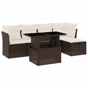 Braune 6-tlg. vidaXL Garten-Sofagarnitur aus Poly Rattan mit Tisch, Sofas, Hocker und cremefarbenen Kissen.