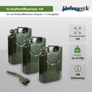 Holmwerk 3er Set Kraftstoffkanister, olivgrün, 10 Liter, mit Ausgießer.