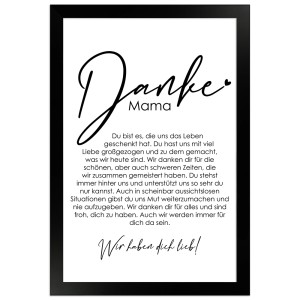 Gerahmtes Poster "Danke Mama" 20x30 cm, Geschenkidee mit liebevoller Botschaft im schwarzen Bilderrahmen.
