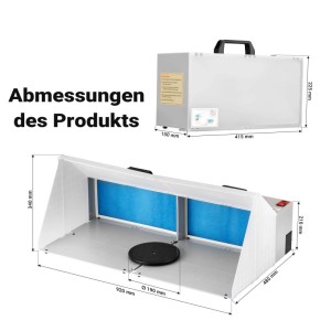 Wiltec Doppel Absauganlage, gefaltet und entfaltet mit Maßen. Blaue Filter, Drehteller für Airbrush-Arbeiten.