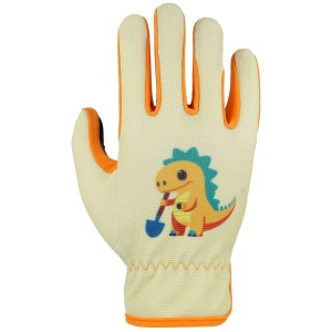 W+R Kinderhandschuh KHS 4 Beige Gr. 5 mit Dino-Motiv für Gartenarbeit.