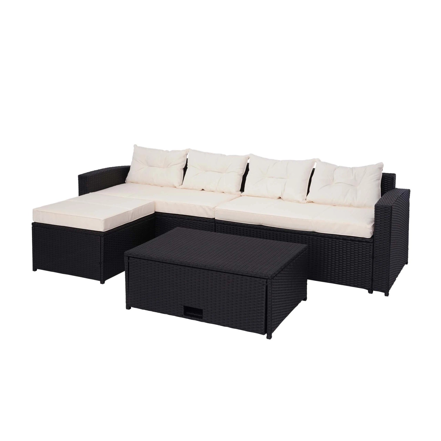 PROREGAL Poly-Rattan-Garnitur Balkon-/Garten-/Lounge-Set Sitzgruppe Sofa Staufach Schwarz Kissen Creme-Beige