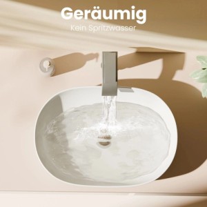 Weißes Emke Aufsatzwaschbecken, abgerundet rechteckig, mit Wasser aus modernem Wasserhahn. Geräumig, kein Spritzwasser.