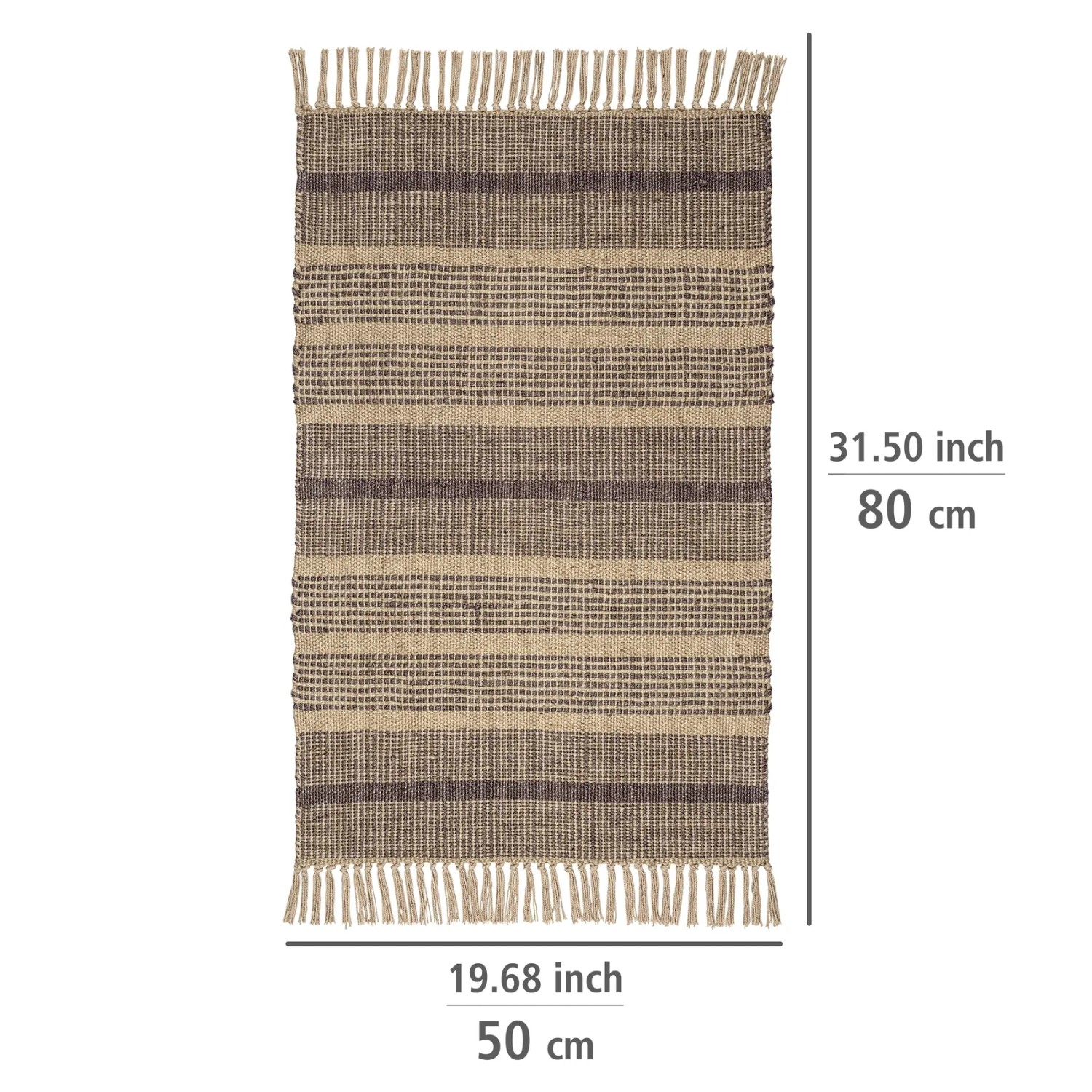 Graue Wenko Badematte Sambu (50x80 cm) aus Jute mit Fransen und Streifenmuster.