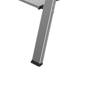 Detailaufnahme: Aluminium Trittleiter/Haushaltsleiter Mephisto mit 3 Stufen und schwarzem Bodenschutz.