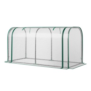 Weißes Mini Gewächshaus mit grünem Metallrahmen und transparenter PE-Gitterfolie für Garten und Anzucht.