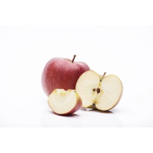 Braeburn Apfel, angeschnitten, rot, knackig, süß-säuerlich, für Apfelbaum.