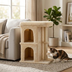 Beiger Relaxdays Kratzbaum mit 2 Höhlen, Liegefläche und Sisalstamm. Eine Katze spielt mit Ball.